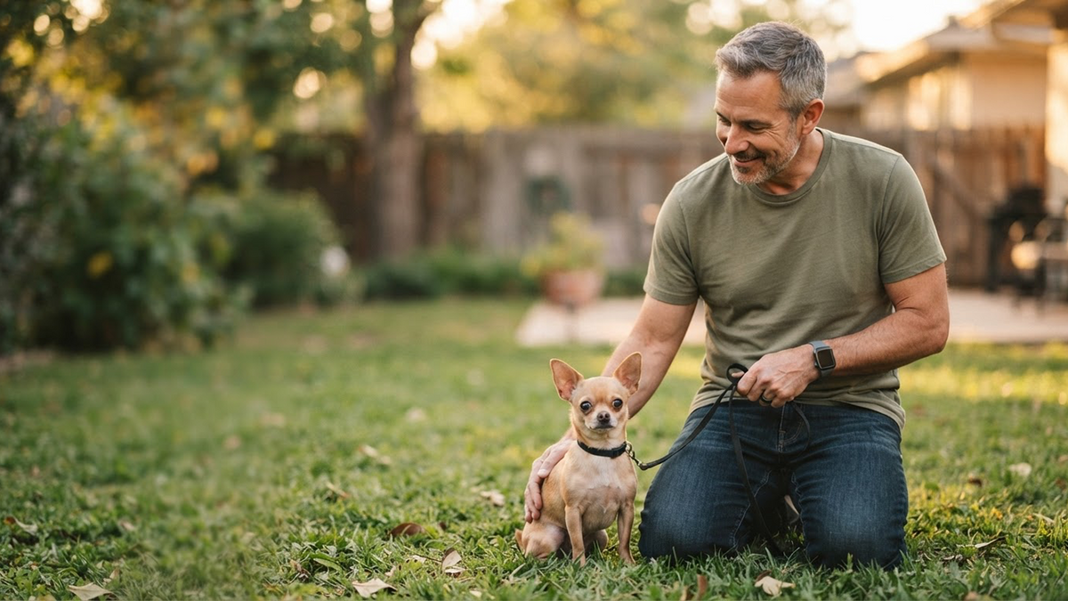 Dad kneeling with small dog on leash — Bad Jobu