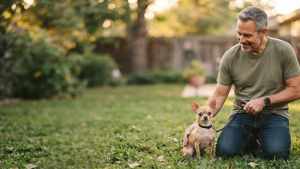 AI-generated image of a gray-haired man kneeling in a backyard with a small tan chihuahua.