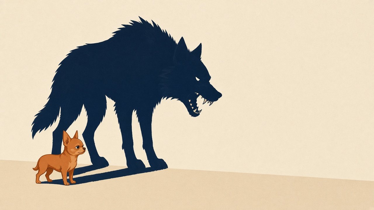 Illustration of a small tan chihuahua standing on a tan floor against a cream wall. Her shadow on the wall behind her is a huge snarling wolf with raised hackles and bared fangs.