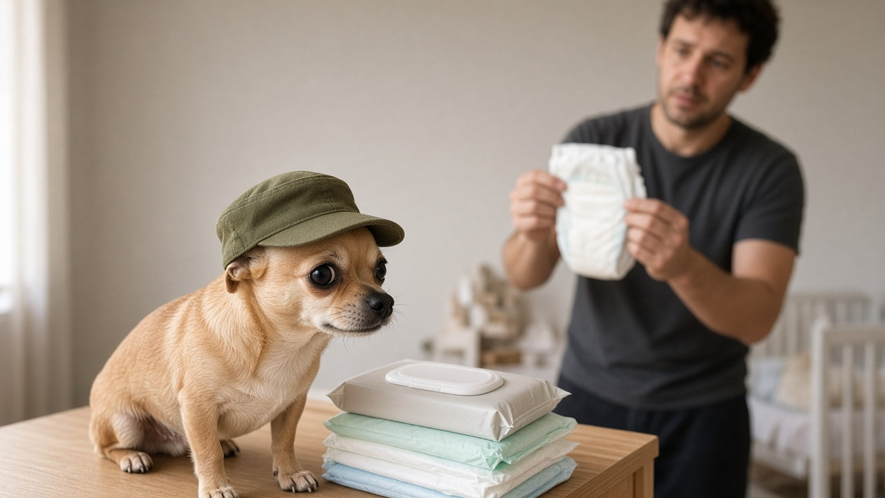 AI-generated image of a chihuahua in an Army-style cap inspecting a stack of baby wipes while a man behind her examines a diaper.